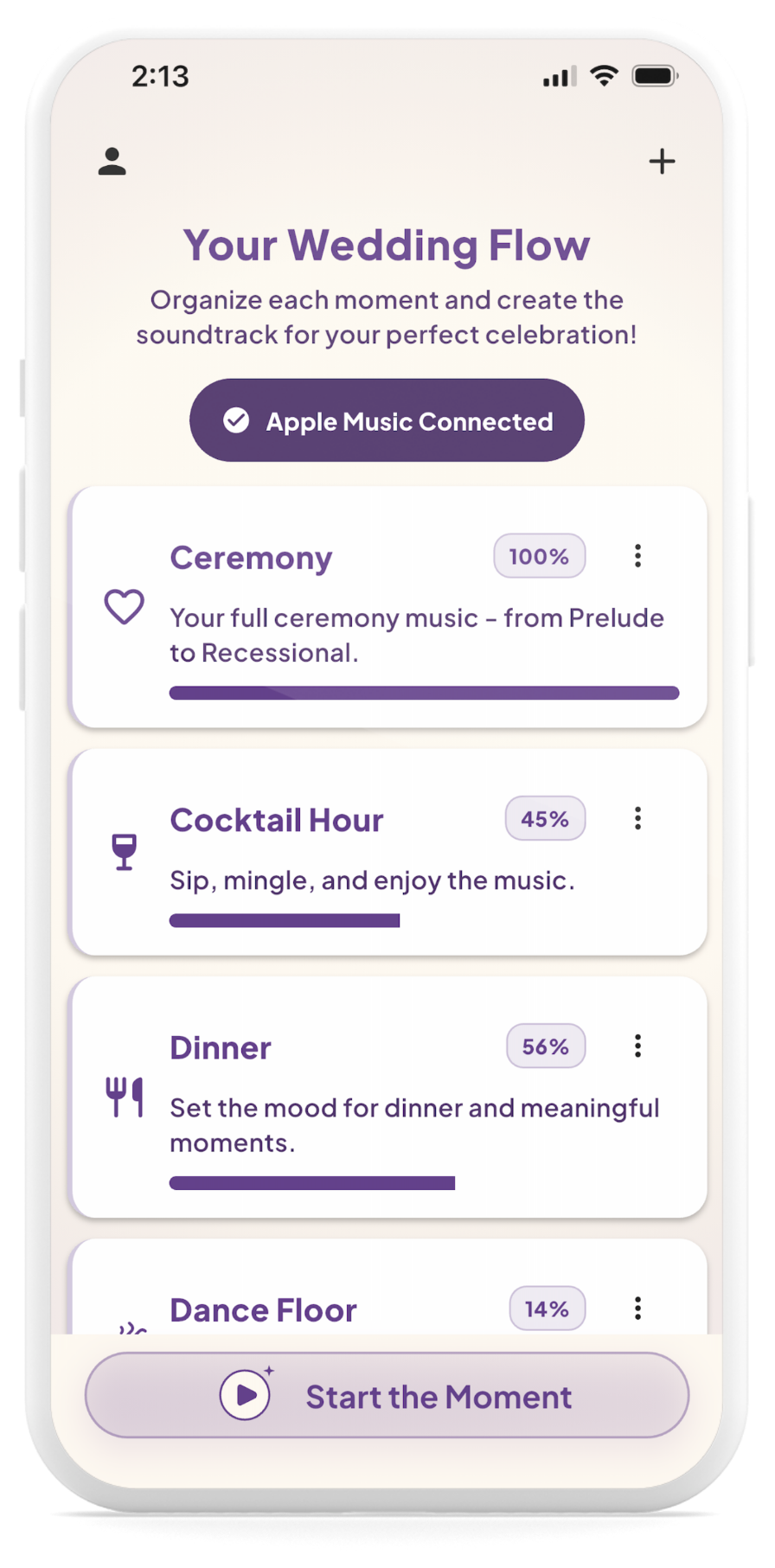 Cue the Moment app: event sections
